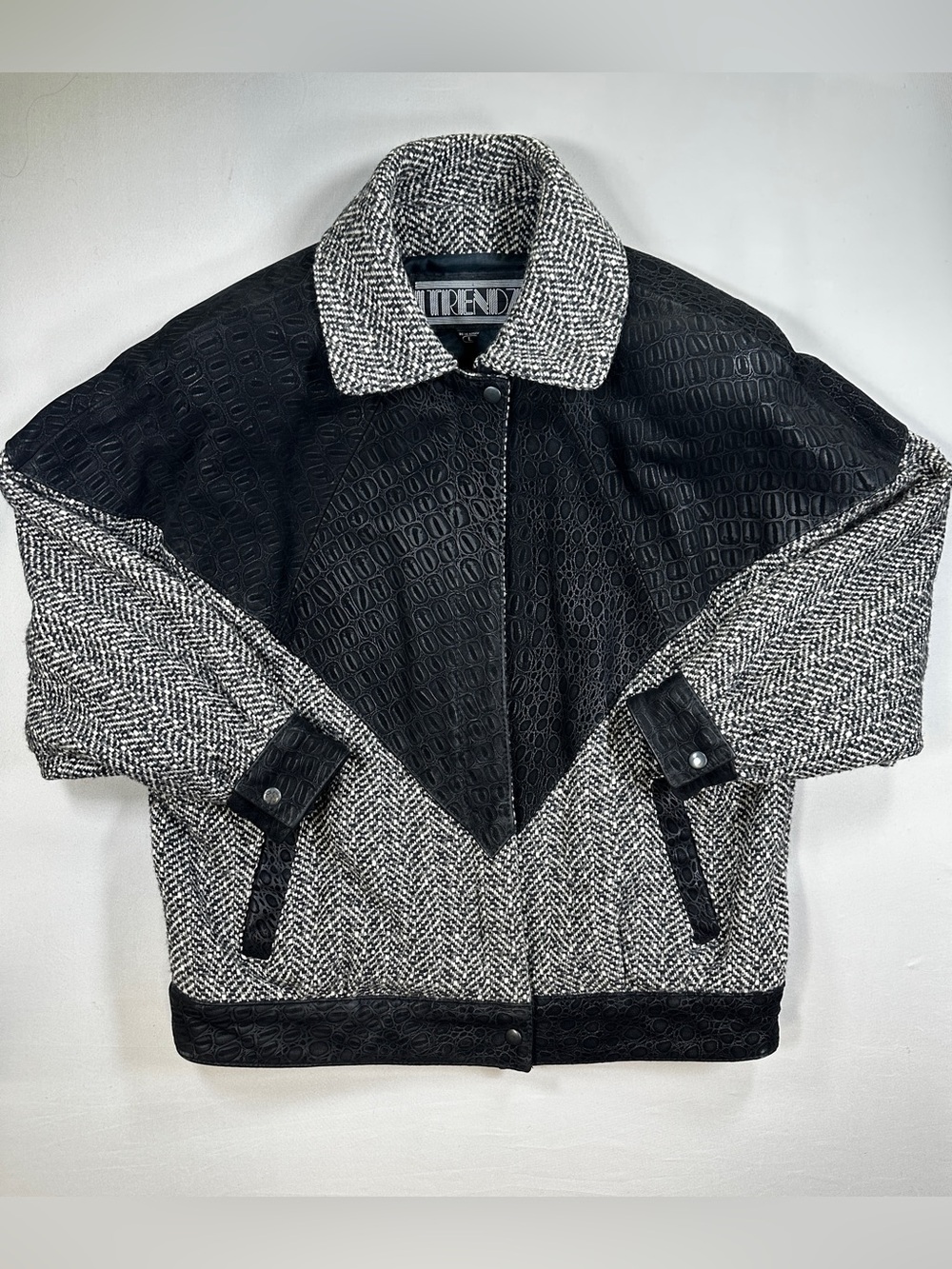 Vintage Trendz L Wool Genuine Leather Black Gray Herringbone Jacket